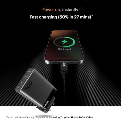 Noise 100W GaN Charger — Retailer charging illustration. Times and performance figures are claims, not GadgetsBag measurements.
