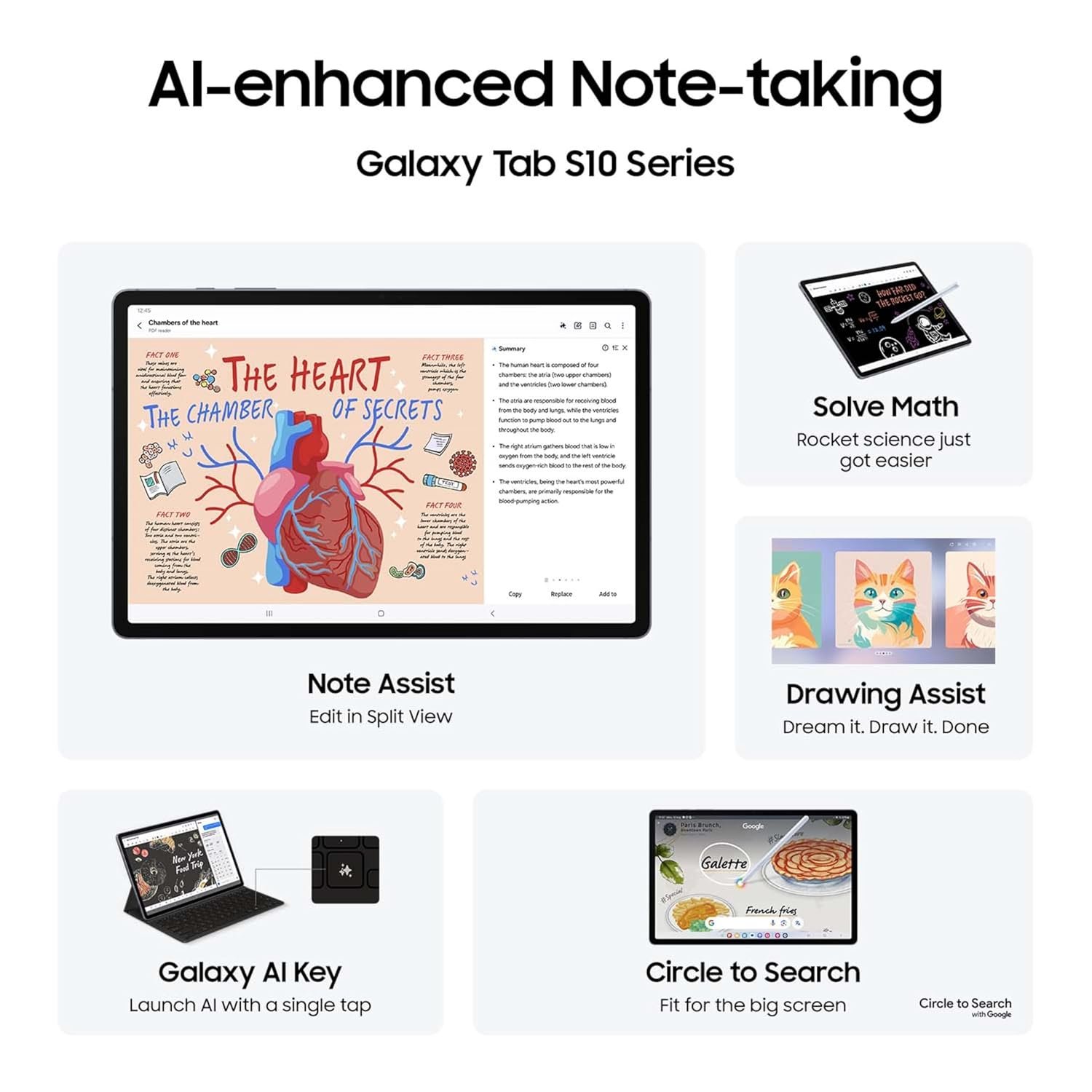 Samsung Galaxy Tab S10+ 256GB — Galaxy Tab S10 series note-taking feature illustration. Screen content is simulated and feature availability may vary.