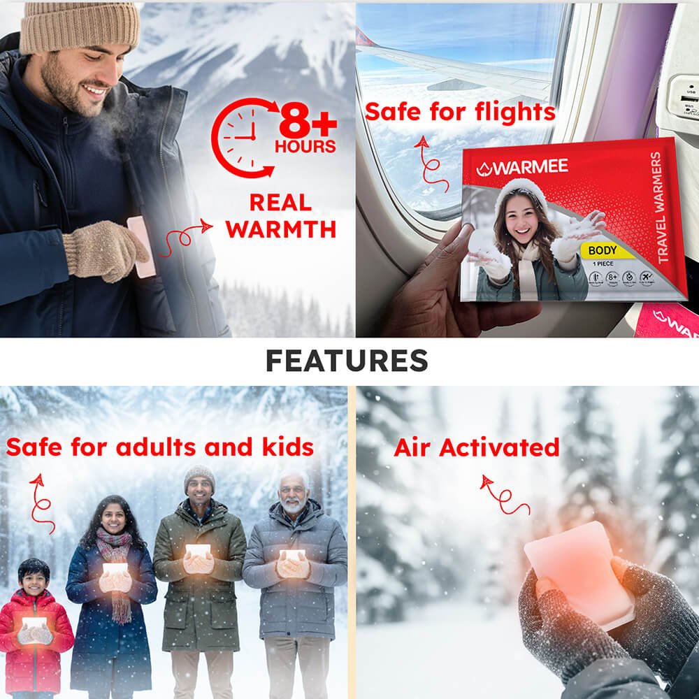 WARMEE Body Warmers — Manufacturer feature graphic for WARMEE body warmers; follow the current packaging instructions.