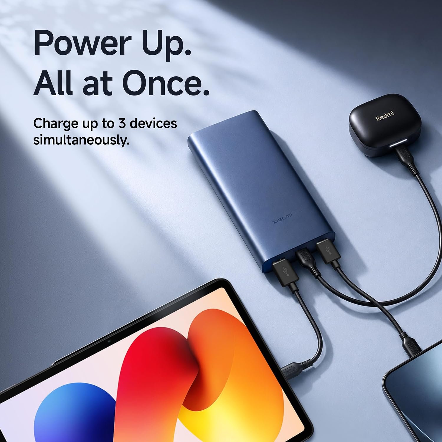 Xiaomi Power Bank 4i 20,000mAh 33W — Xiaomi 4i Turbo Blue shown powering several devices; output is shared.