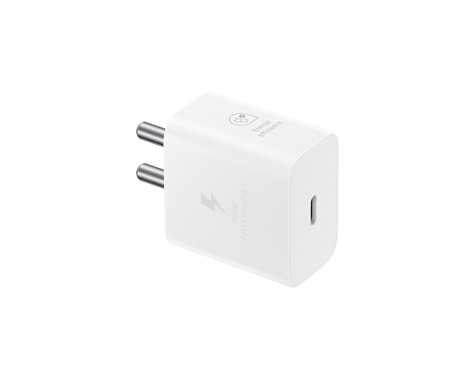 Additional manufacturer view of the white Samsung 25W adaptor and mains plug.